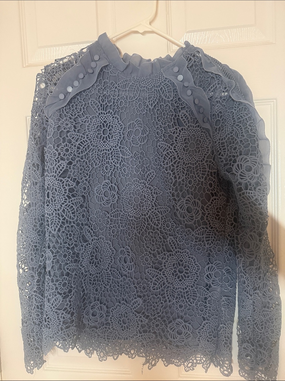 Ina Dusty Blue Floral Lace Long-Sleeve Blouse